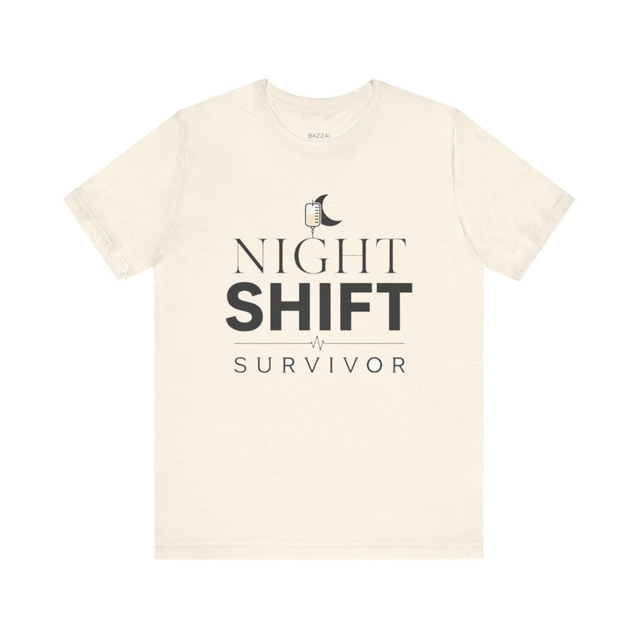 Natural graphic tee printed with the words Night Shift Survivor for nurses