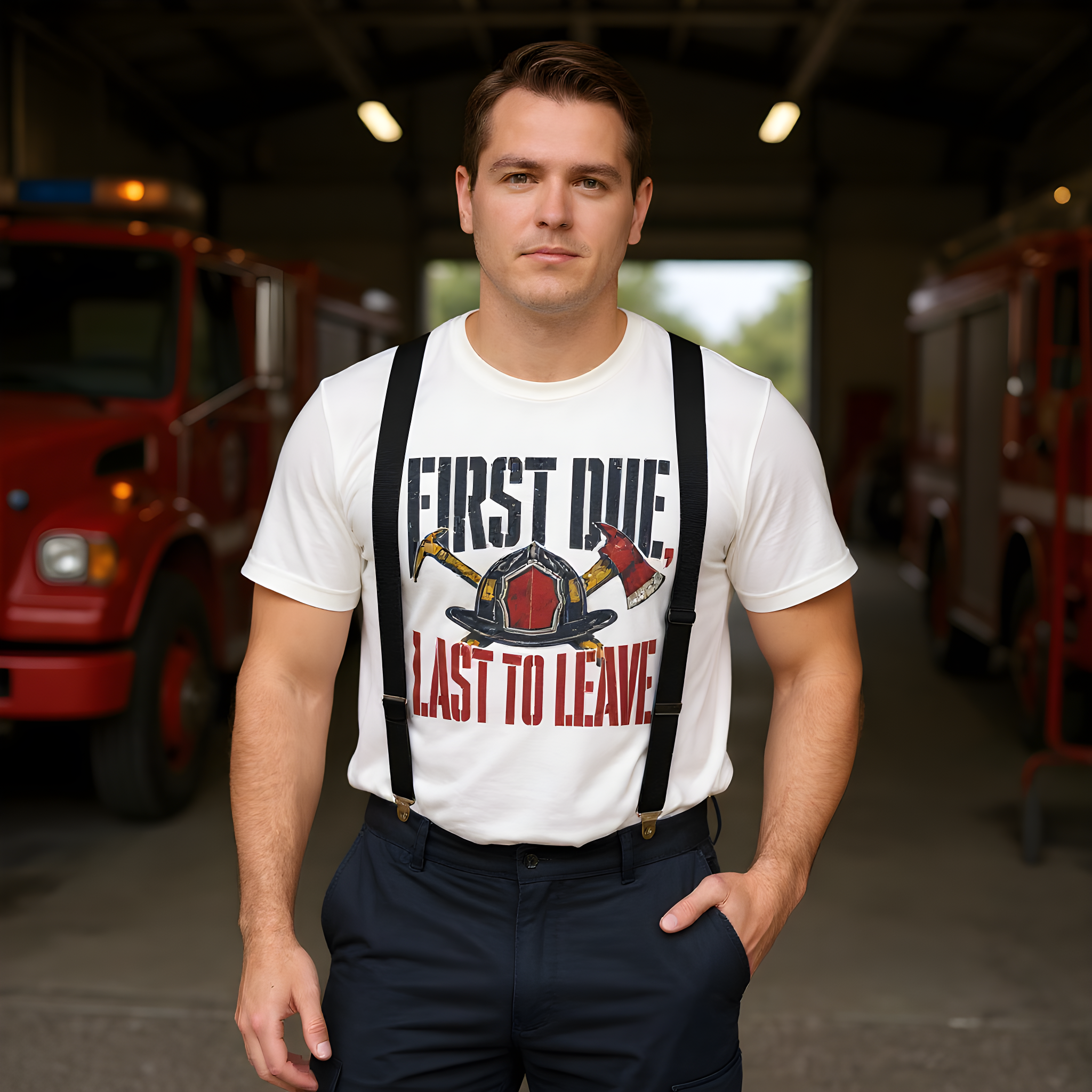 Funny Firefighter T-Shirt — First Due, Last to Leave — t-shirt design