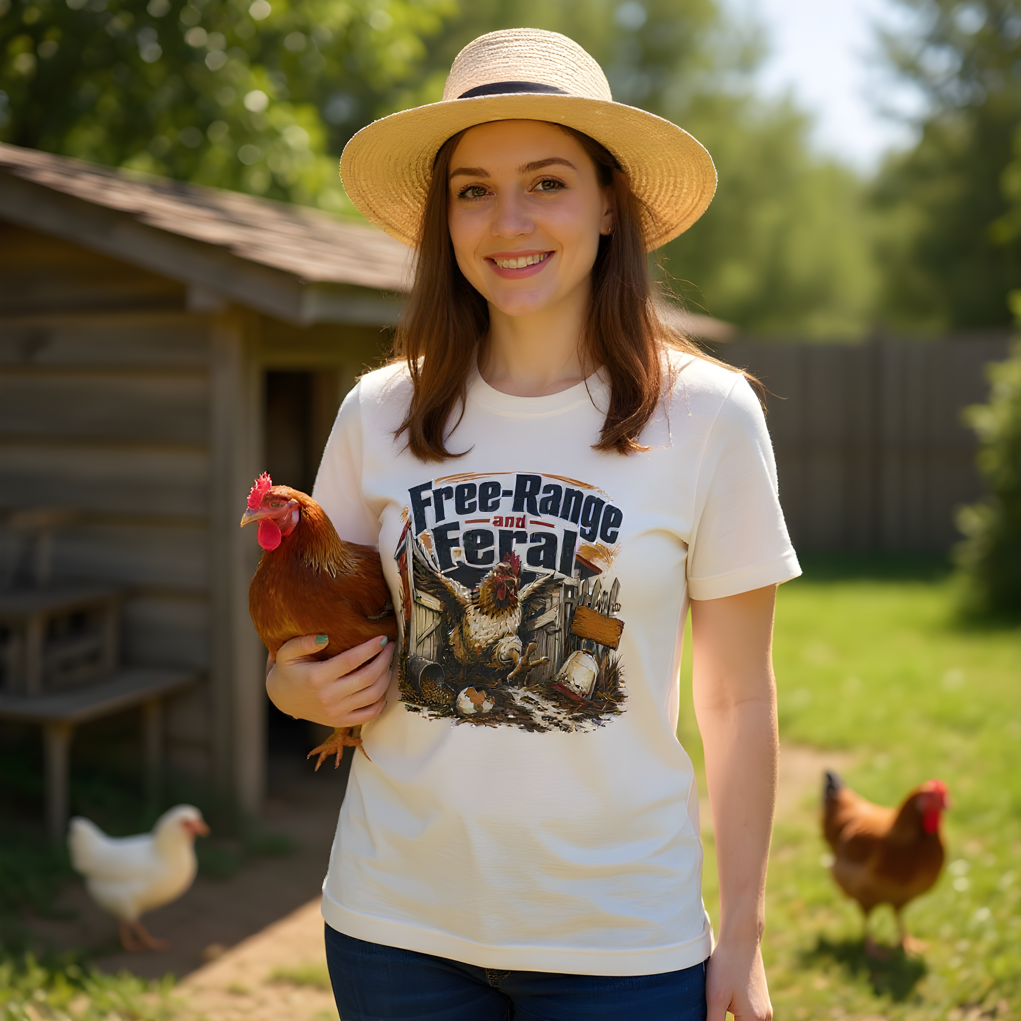Funny Chicken T-Shirt — Free-Range and Feral — backyard chicken t-shirt design