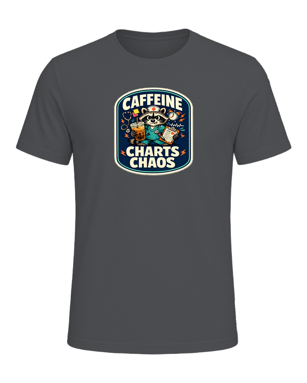 Caffeine Charts Chaos Tee — Asphalt