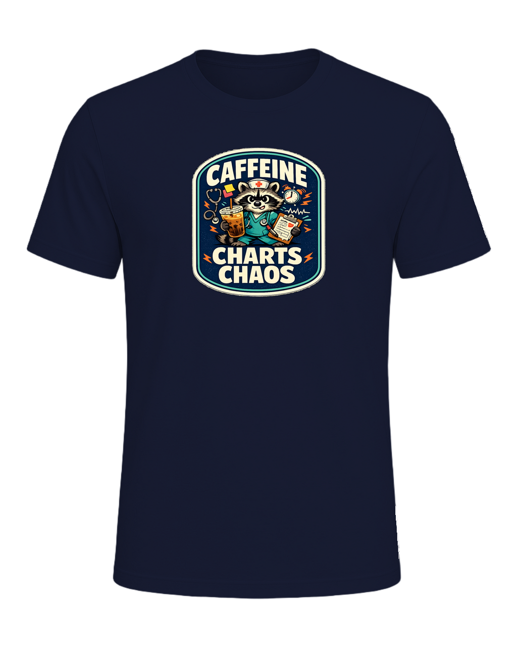 Caffeine Charts Chaos Tee — Navy
