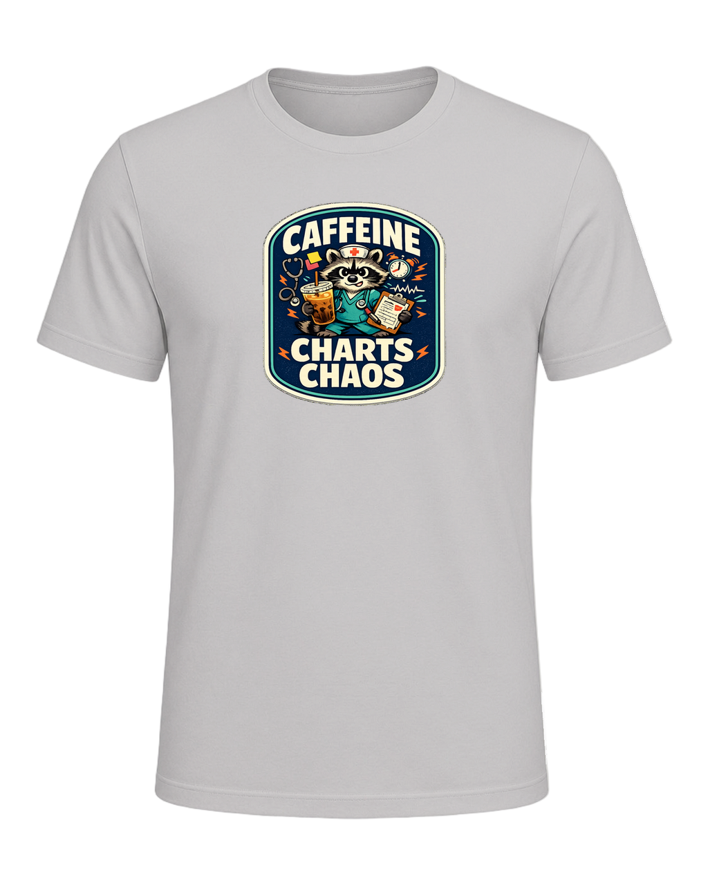 Caffeine Charts Chaos Tee — Silver