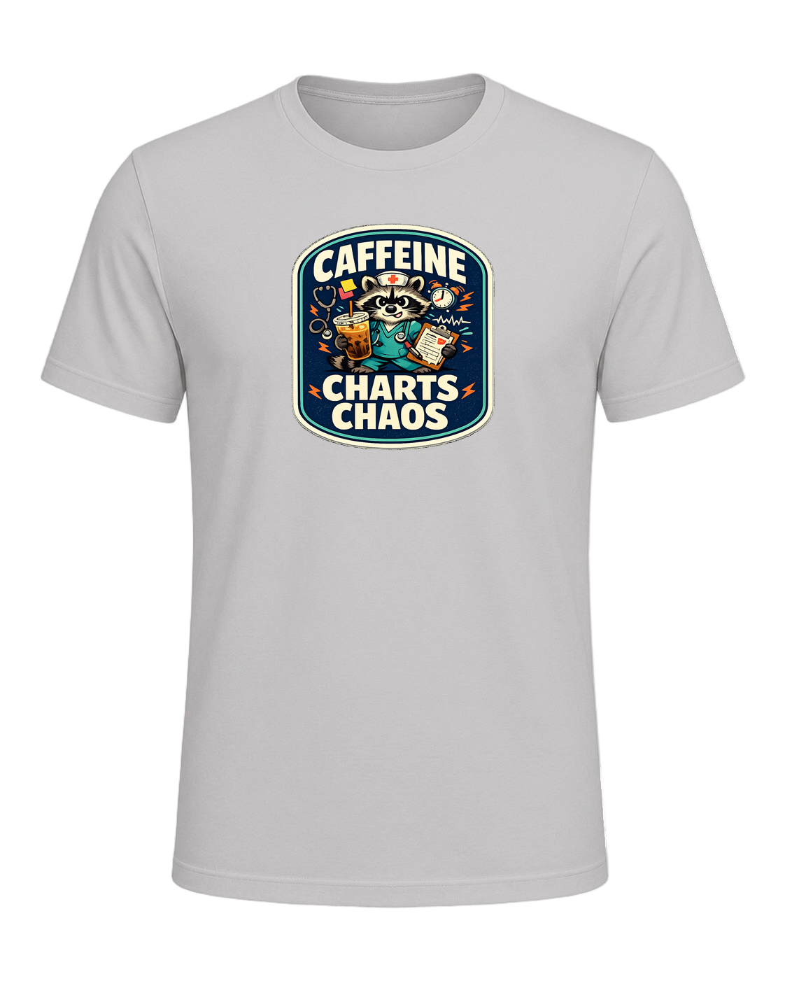 Caffeine Charts Chaos Tee — Silver