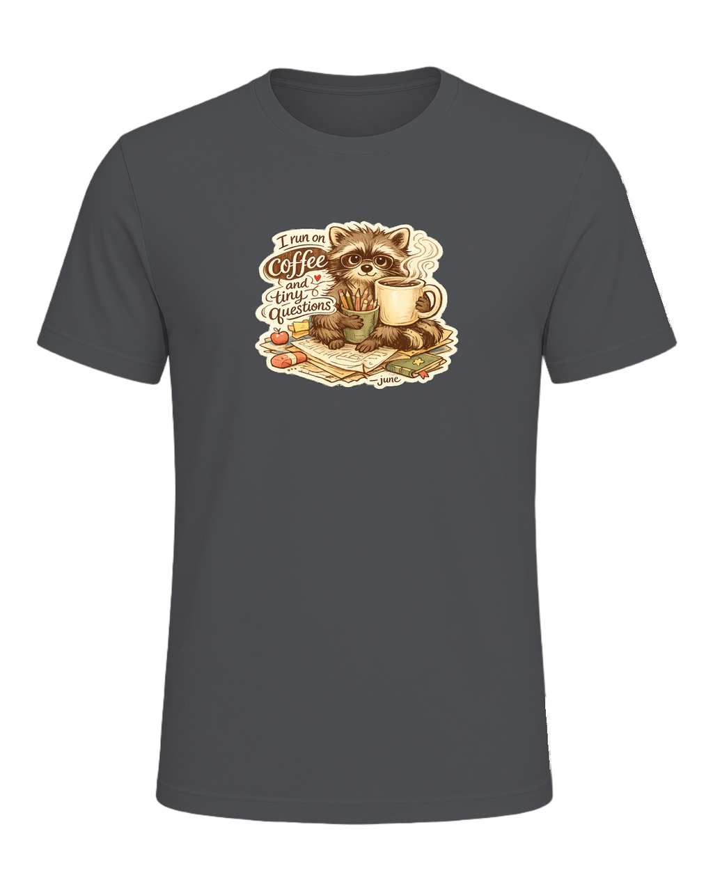 I Run On Coffee And Tiny Questions Tee — Asphalt