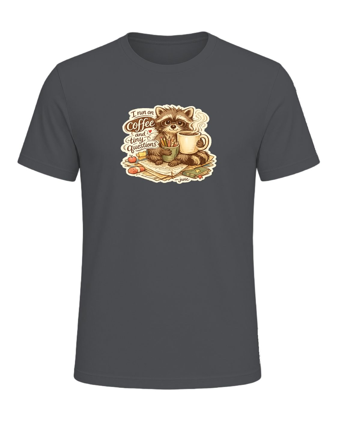 I Run On Coffee And Tiny Questions Tee — Asphalt