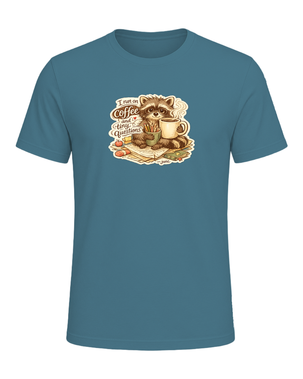 I Run On Coffee And Tiny Questions Tee — Heather Deep Teal
