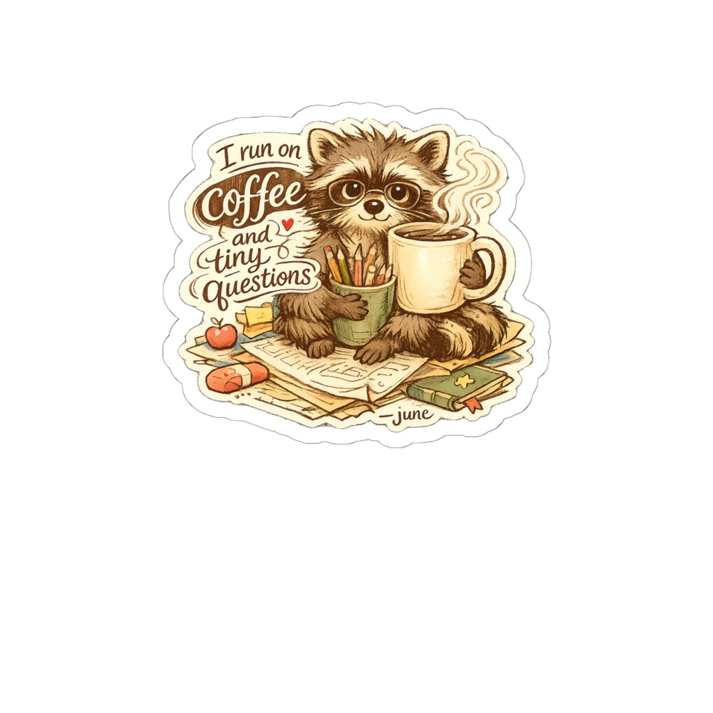 Kindergarten Teacher Sticker — I Run on Coffee and Tiny Questions — sticker design by June