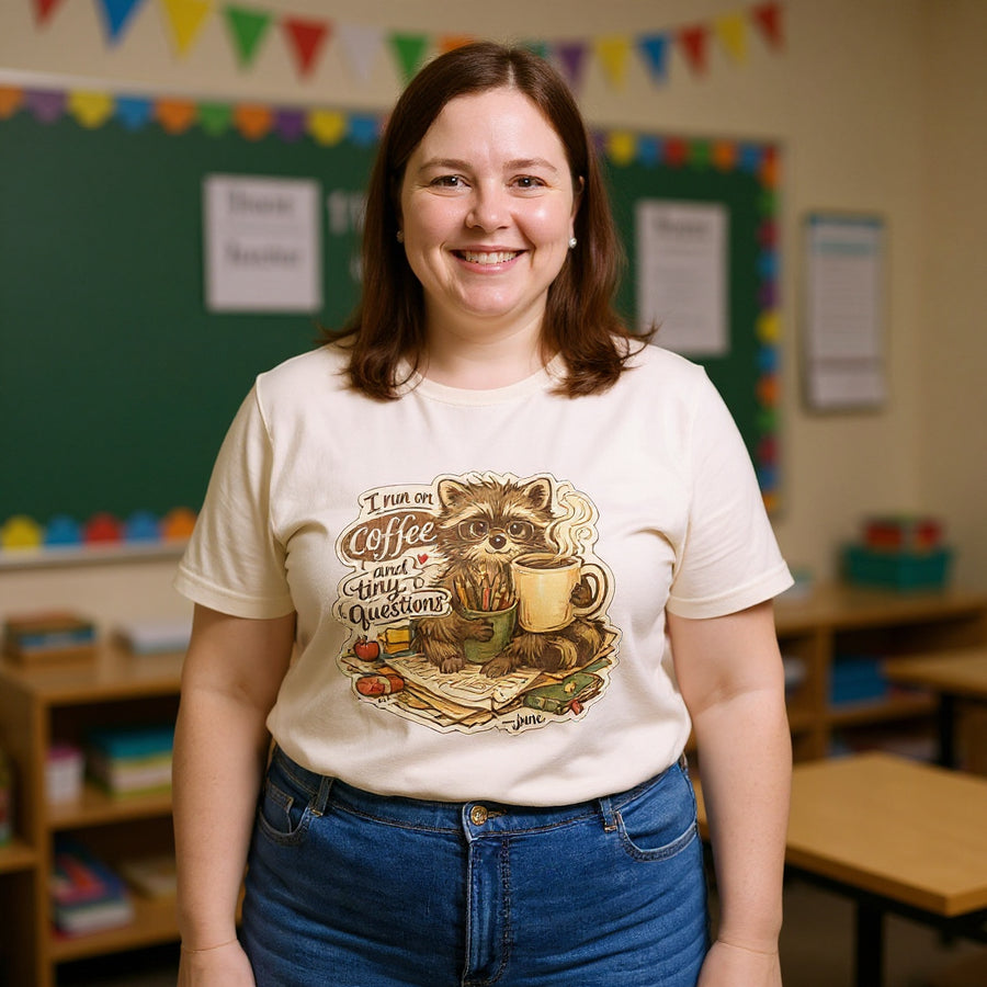 Kindergarten Teacher T-Shirt — I Run on Coffee and Tiny Questions