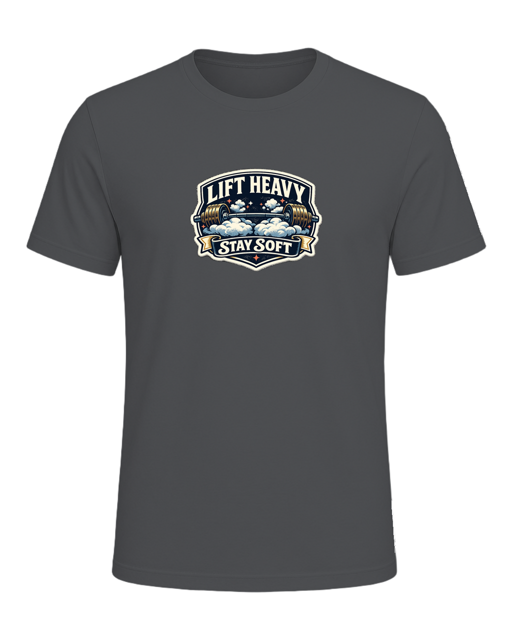 A funny vintage gym badge tee for lifters who train heavy and keep a soft heart. — Asphalt