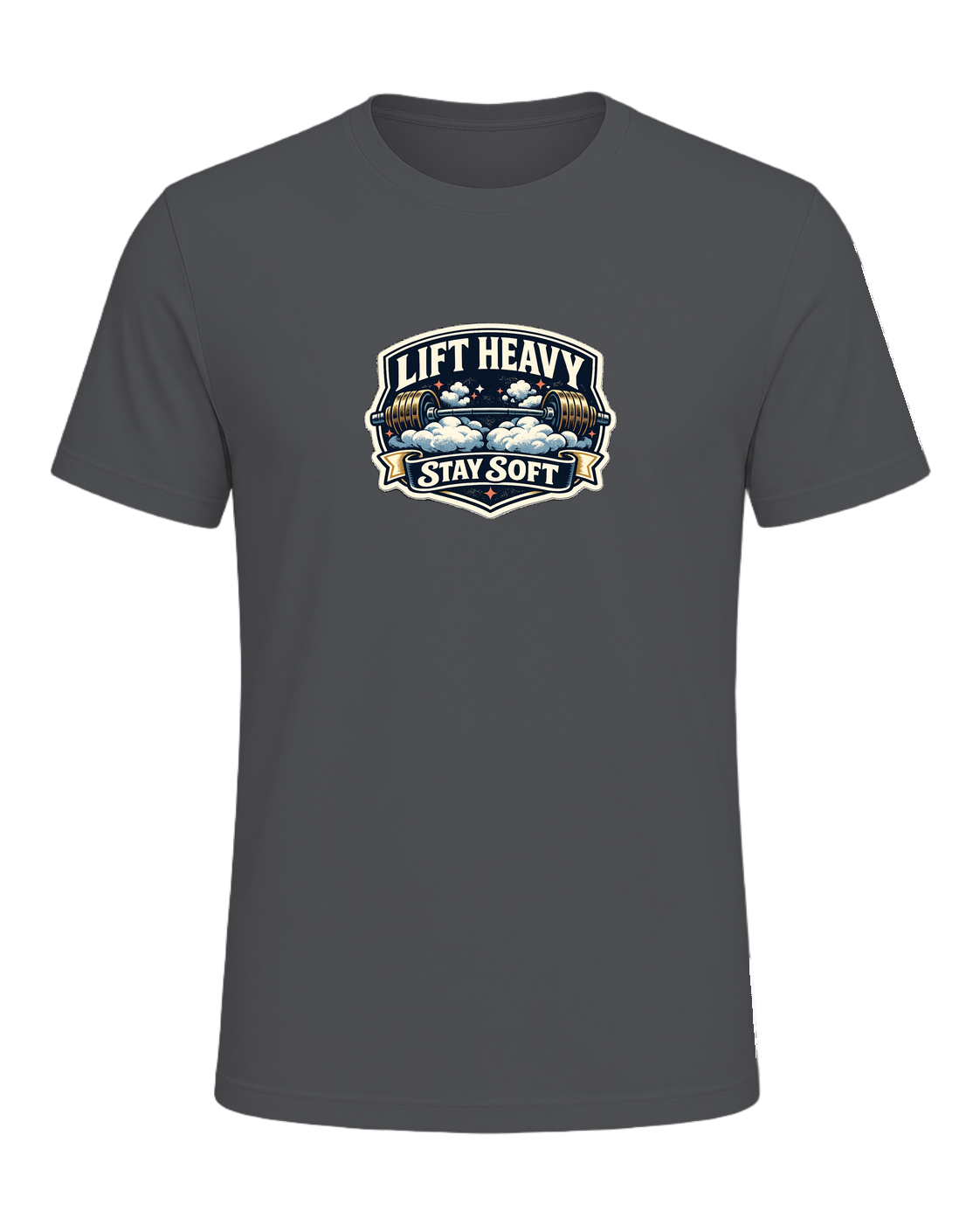A funny vintage gym badge tee for lifters who train heavy and keep a soft heart. — Asphalt