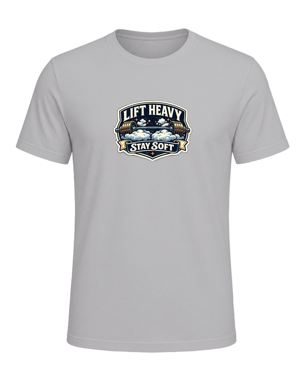 A funny vintage gym badge tee for lifters who train heavy and keep a soft heart. — Athletic Heather