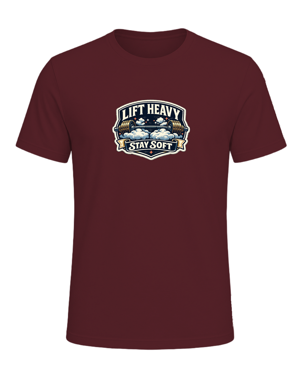 A funny vintage gym badge tee for lifters who train heavy and keep a soft heart. — Maroon
