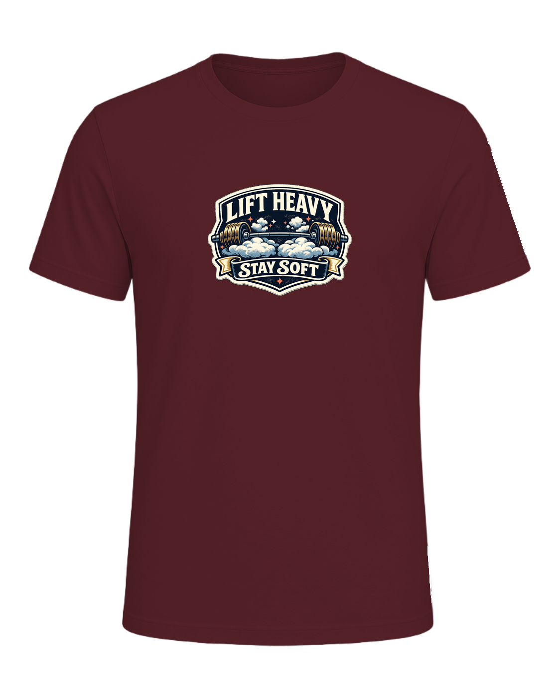 A funny vintage gym badge tee for lifters who train heavy and keep a soft heart. — Maroon