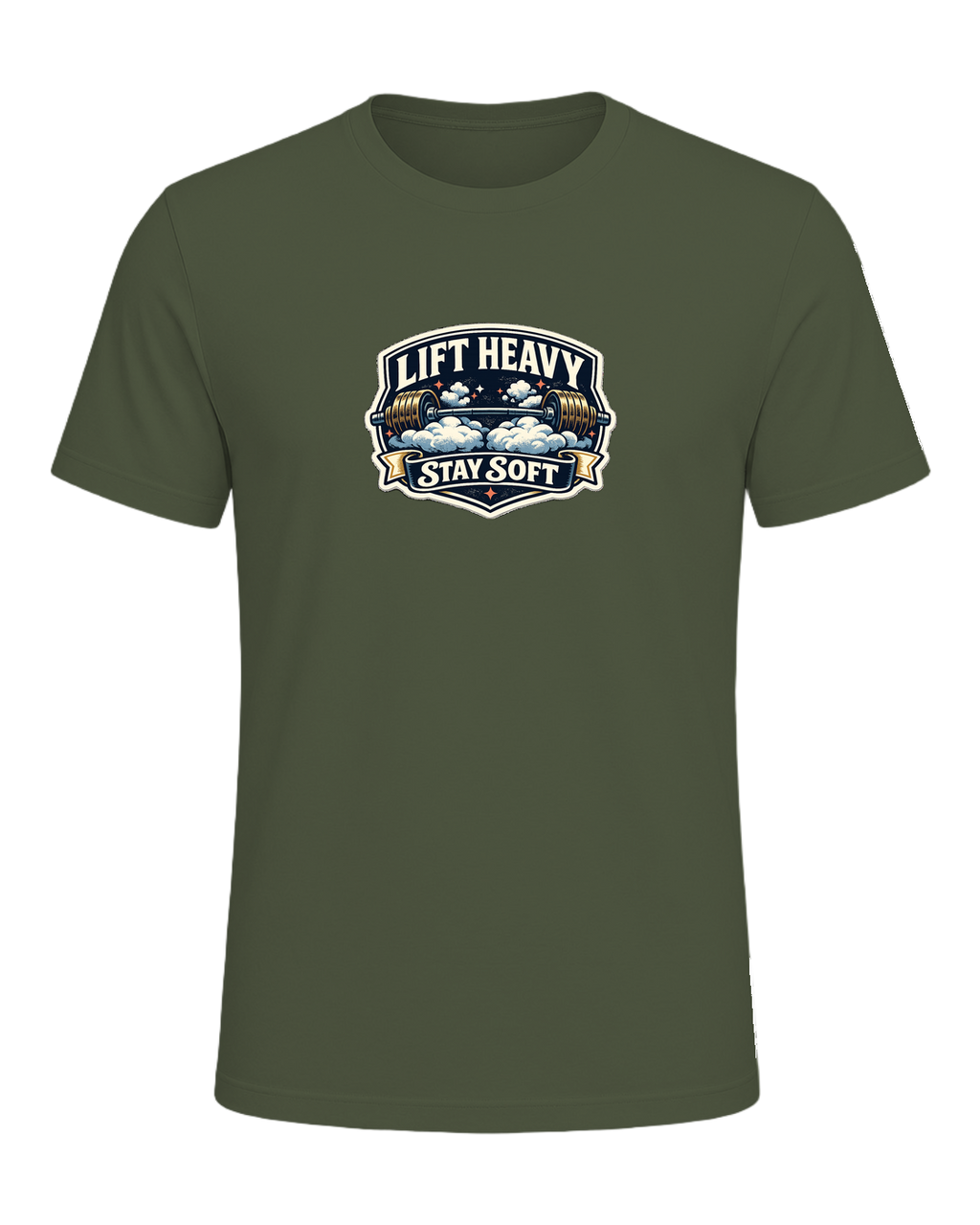 A funny vintage gym badge tee for lifters who train heavy and keep a soft heart. — Military Green