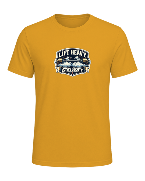 A funny vintage gym badge tee for lifters who train heavy and keep a soft heart. — Mustard