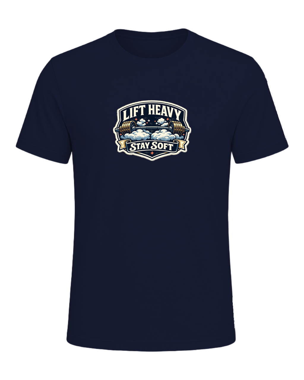 A funny vintage gym badge tee for lifters who train heavy and keep a soft heart. — Navy