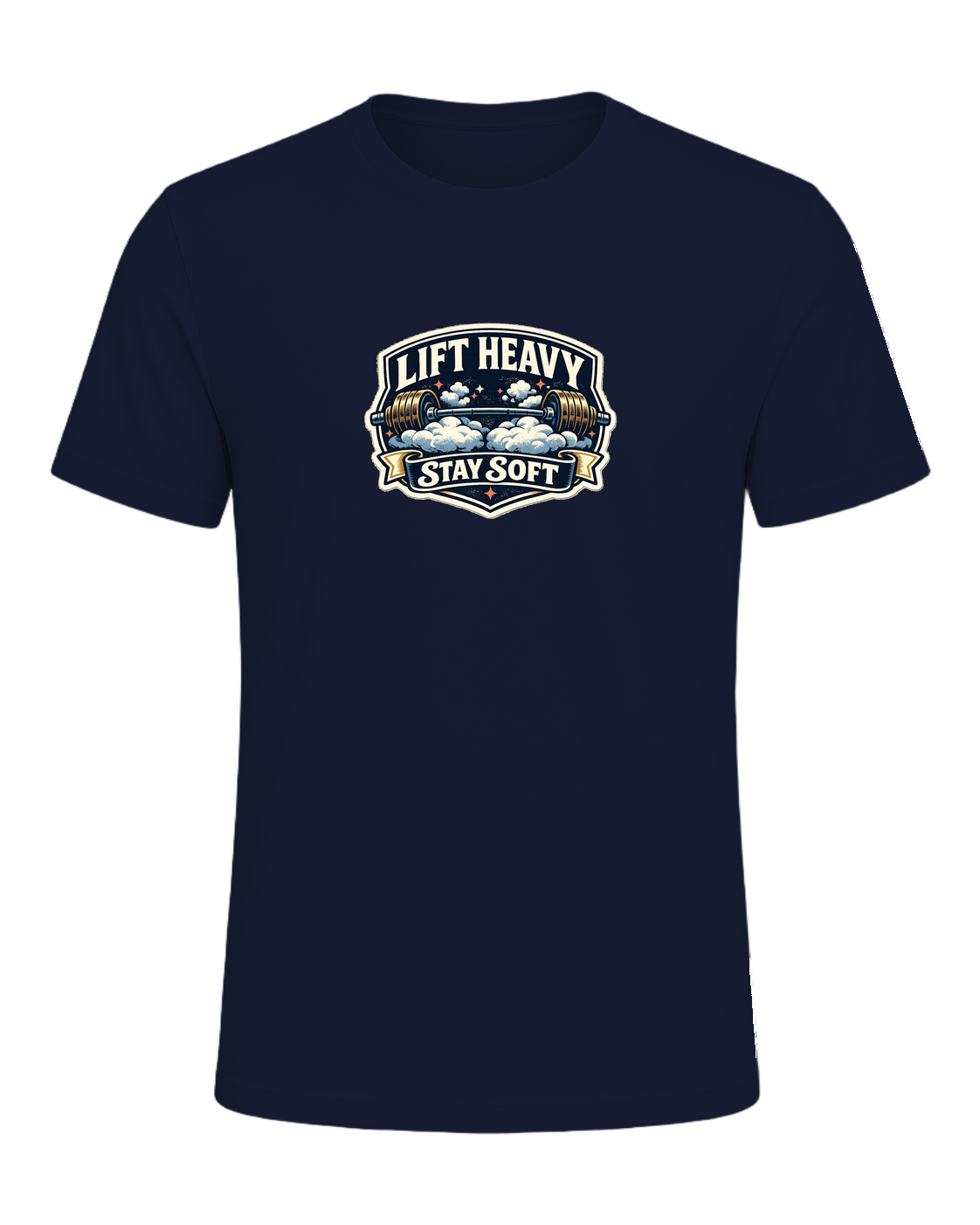 A funny vintage gym badge tee for lifters who train heavy and keep a soft heart. — Navy