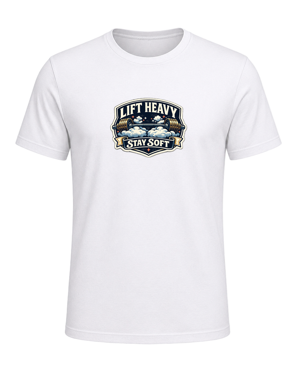 A funny vintage gym badge tee for lifters who train heavy and keep a soft heart. — White