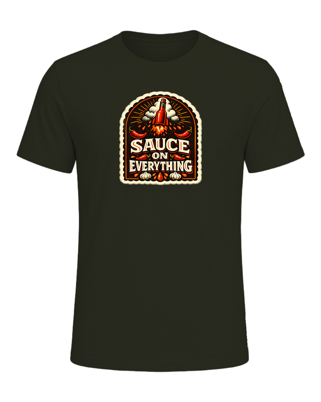 A bold vintage hot sauce label tee for the person who puts sauce on everything. — Dark Olive