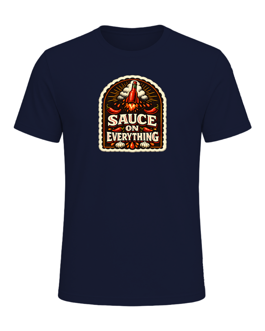 A bold vintage hot sauce label tee for the person who puts sauce on everything. — Navy
