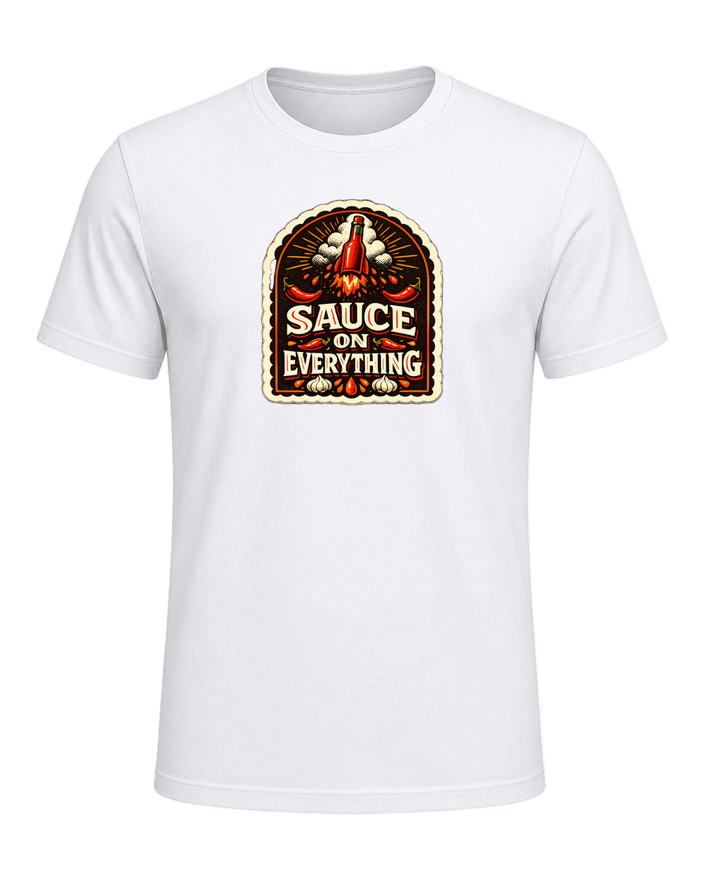 A bold vintage hot sauce label tee for the person who puts sauce on everything. — White
