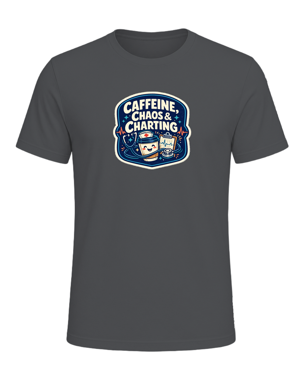 Caffeine, Chaos & Charting Tee — Asphalt