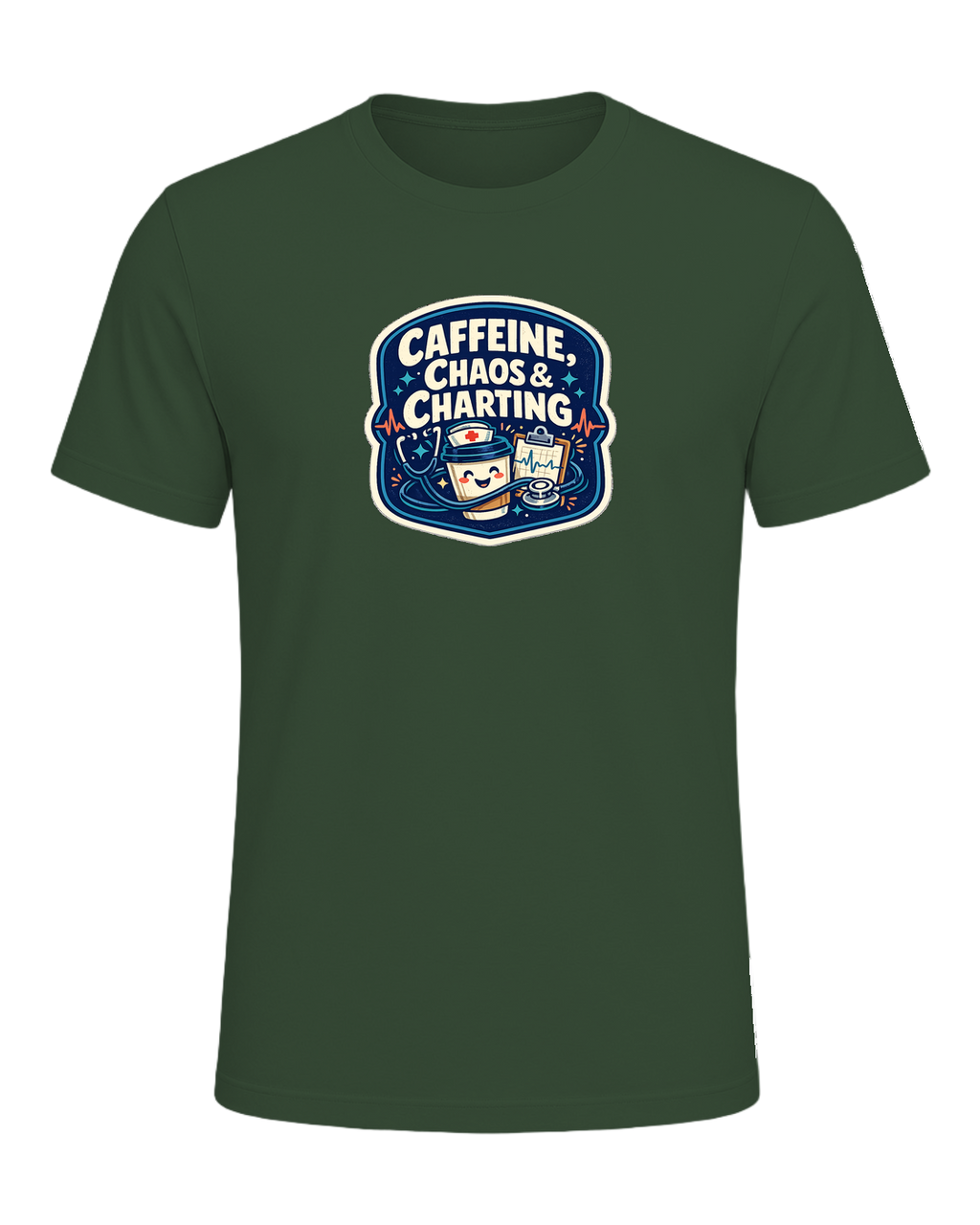 Caffeine, Chaos & Charting Tee — Heather Forest