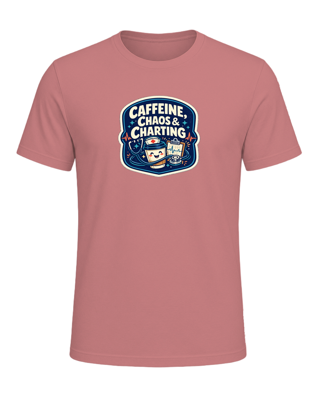 Caffeine, Chaos & Charting Tee — Heather Mauve