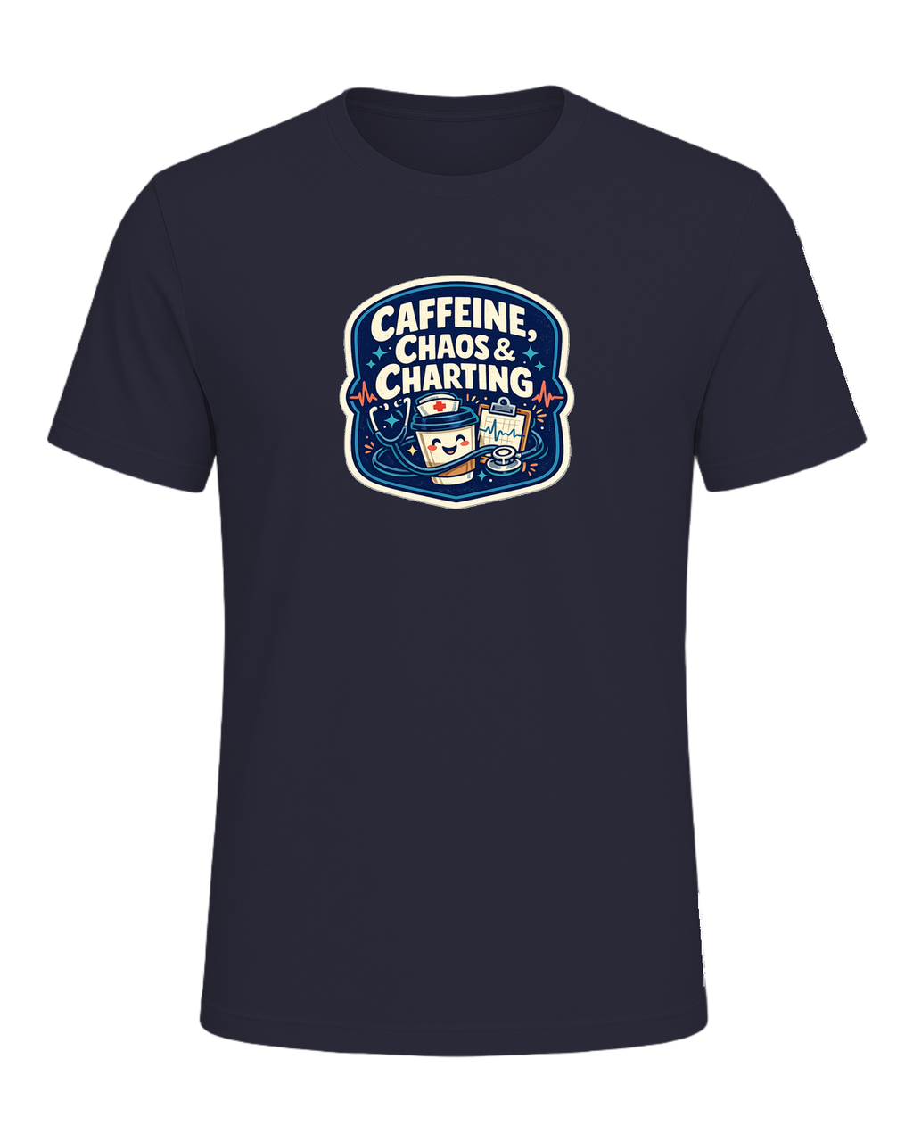 Caffeine, Chaos & Charting Tee — Heather Navy