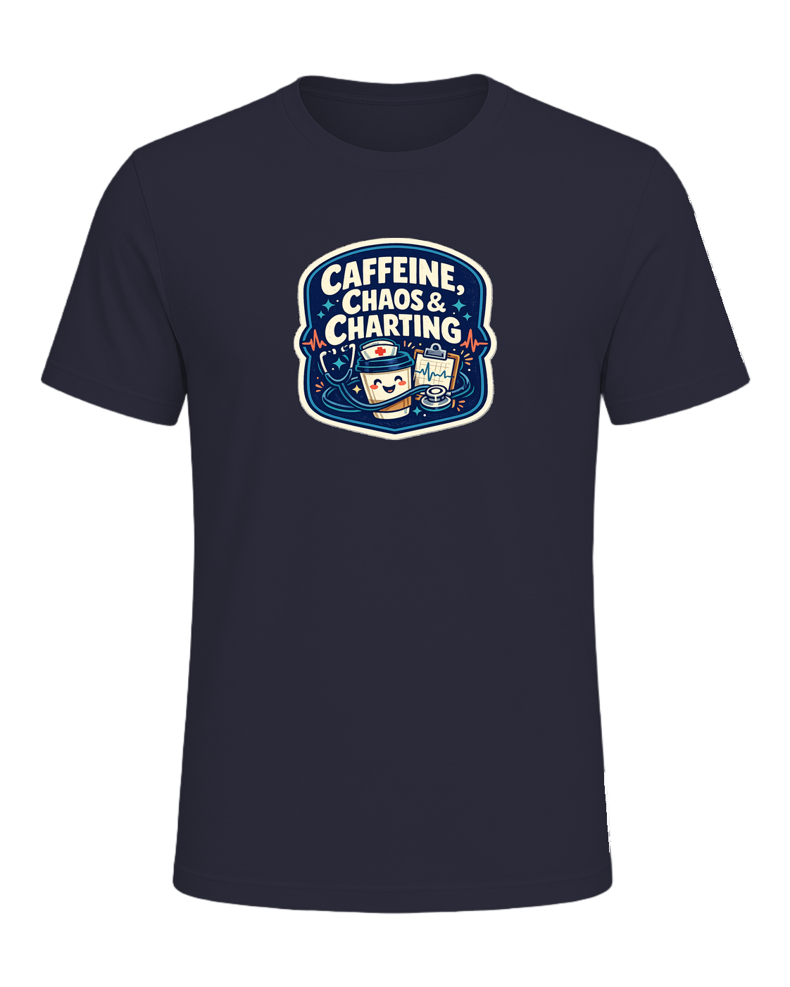 Caffeine, Chaos & Charting Tee — Heather Navy