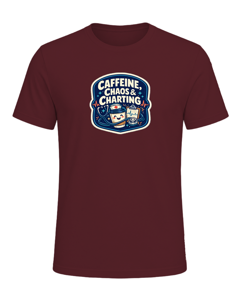 Caffeine, Chaos & Charting Tee — Maroon