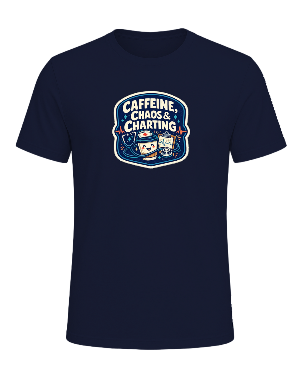 Caffeine, Chaos & Charting Tee — Navy