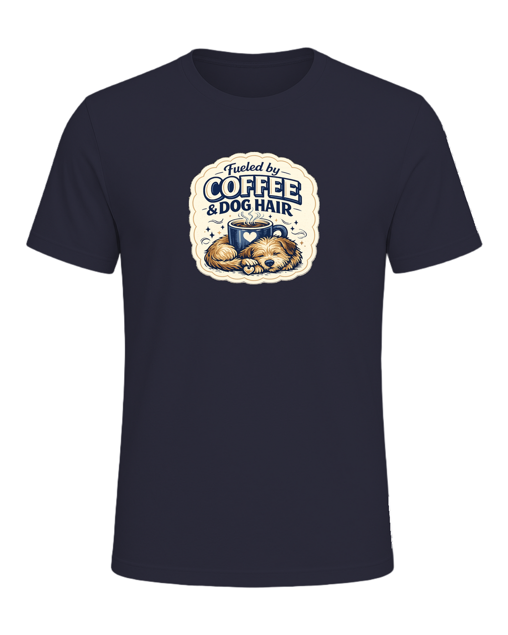 Fueled By Coffee & Dog Hair Tee — Heather Navy