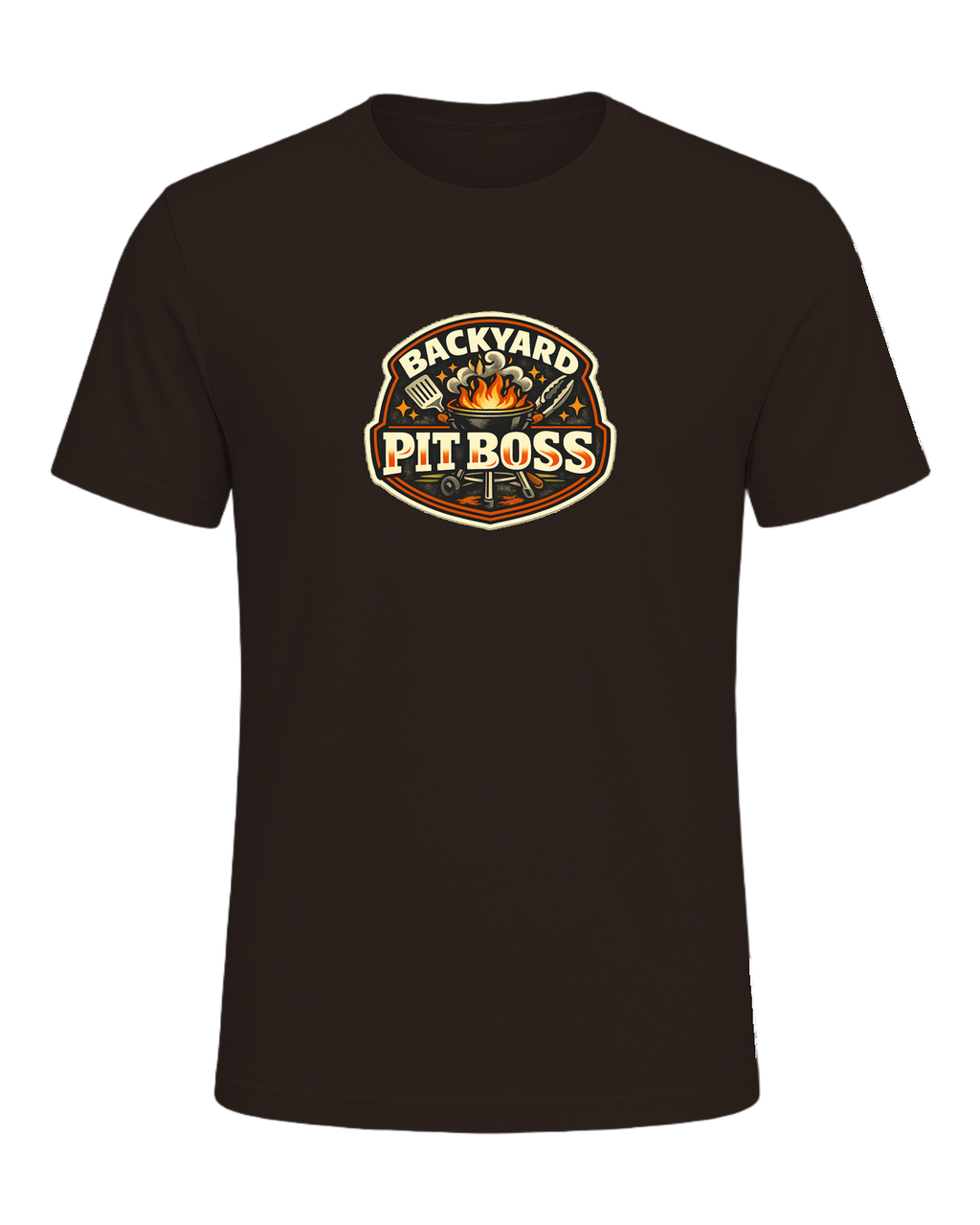 A bold retro BBQ badge tee for the backyard cook who takes charge of the grill. — Brown