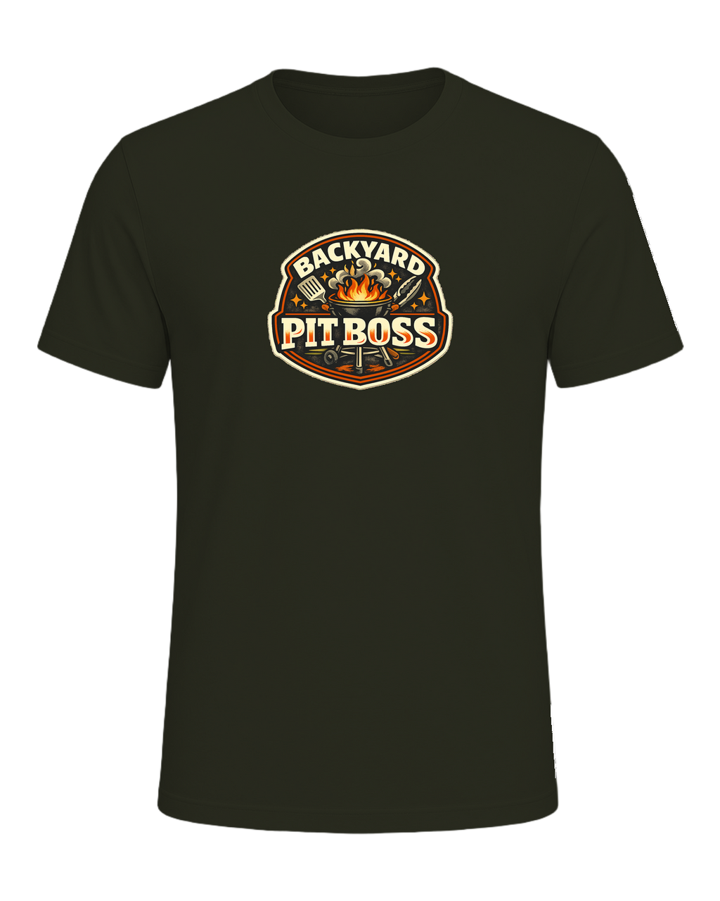 A bold retro BBQ badge tee for the backyard cook who takes charge of the grill. — Dark Olive