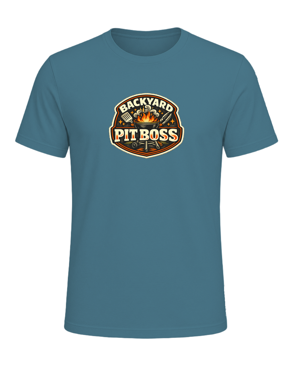 A bold retro BBQ badge tee for the backyard cook who takes charge of the grill. — Heather Deep Teal