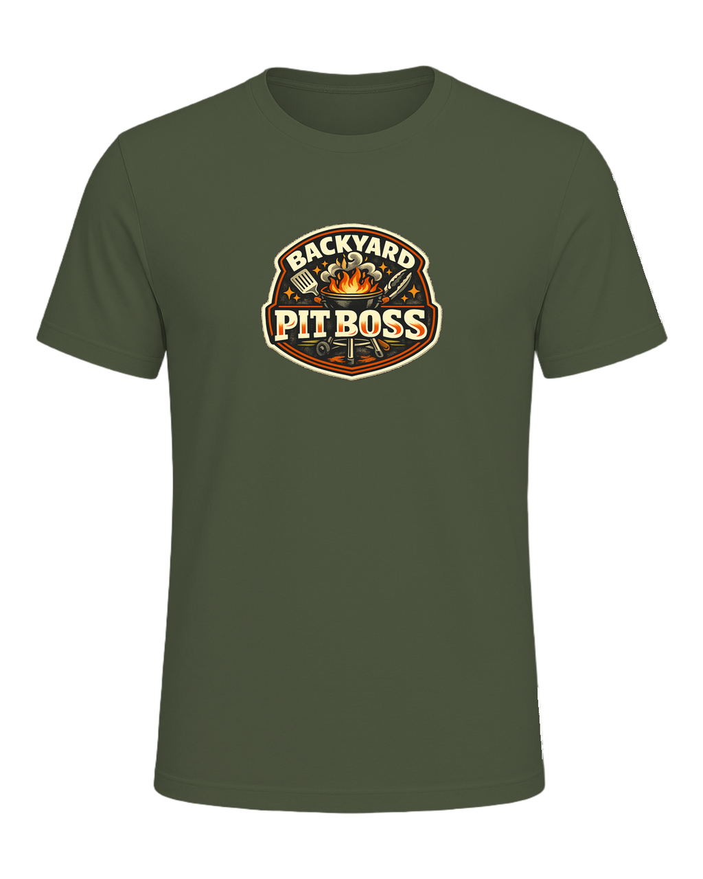 A bold retro BBQ badge tee for the backyard cook who takes charge of the grill. — Military Green