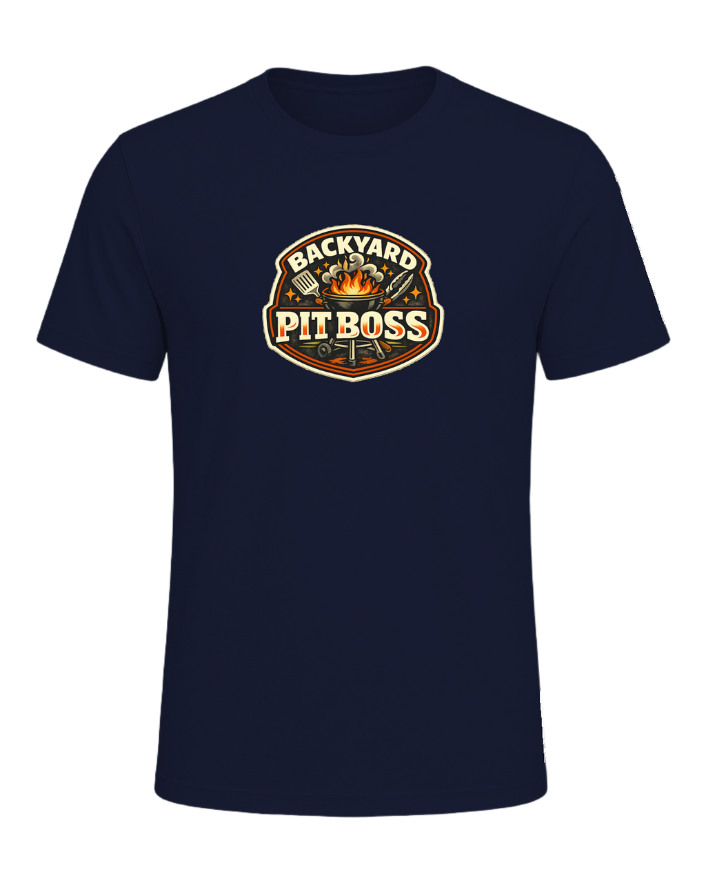 A bold retro BBQ badge tee for the backyard cook who takes charge of the grill. — Navy