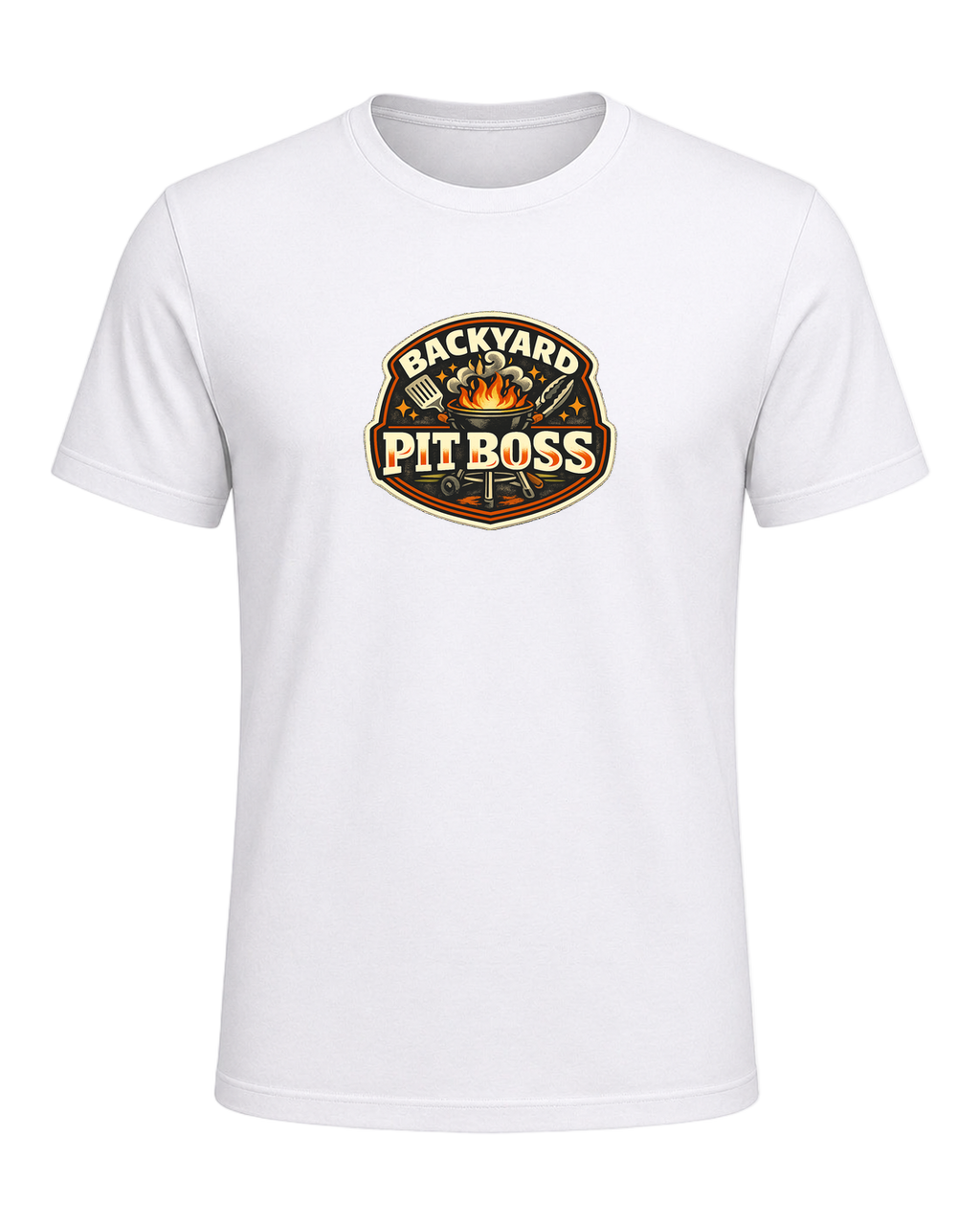 A bold retro BBQ badge tee for the backyard cook who takes charge of the grill. — White
