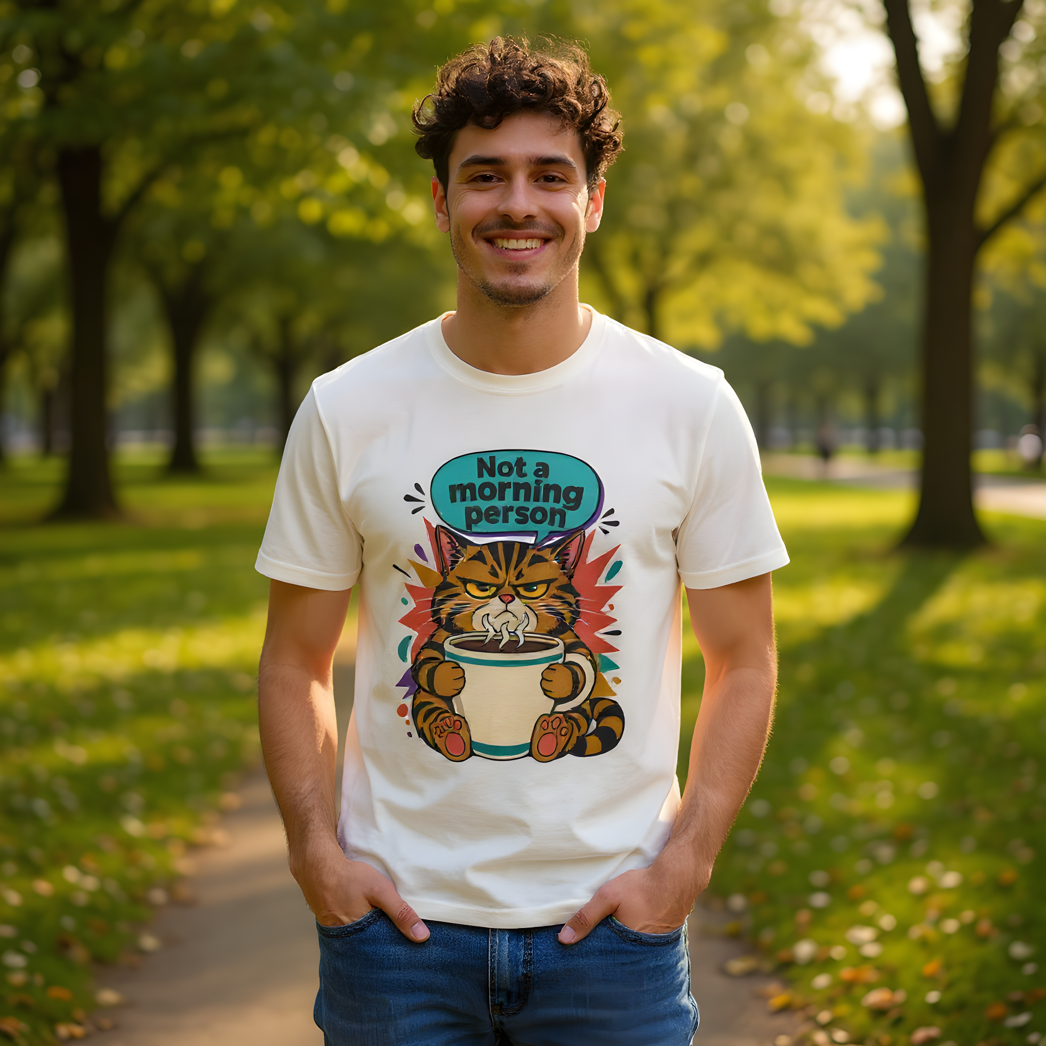 Cat Coffee T-Shirt — Grumpy Before Coffee, Both of Us — t-shirt design