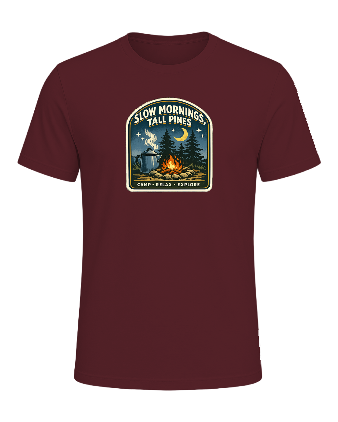 Slow Mornings, Tall Pines Tee — Maroon