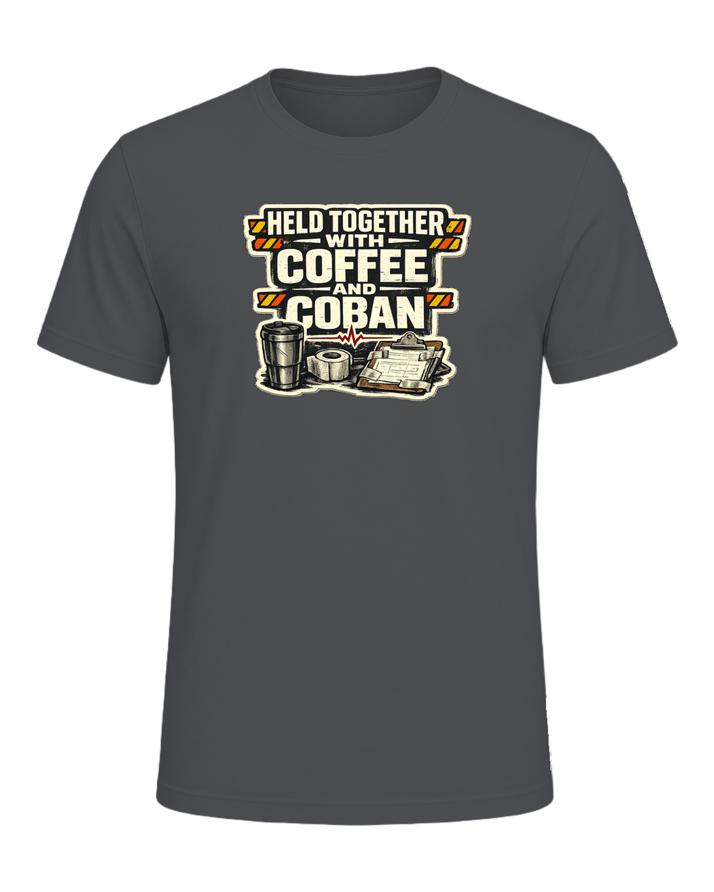 Held Together With Coffee And Coban Tee — Asphalt