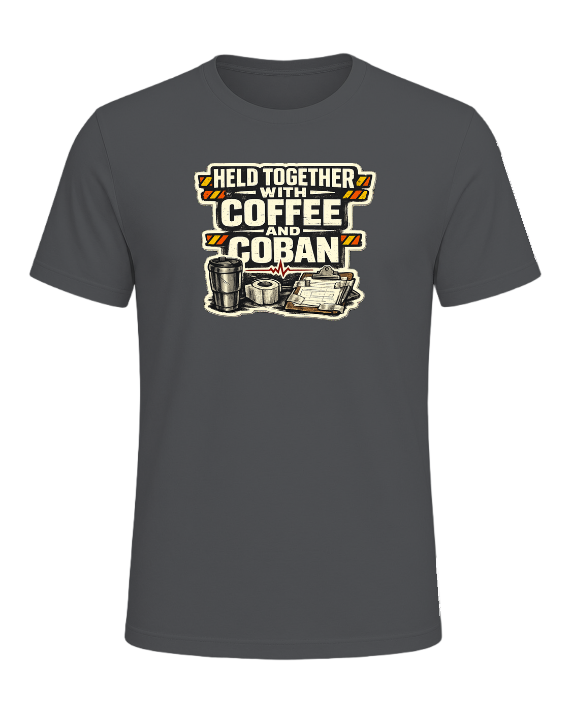 Held Together With Coffee And Coban Tee — Asphalt