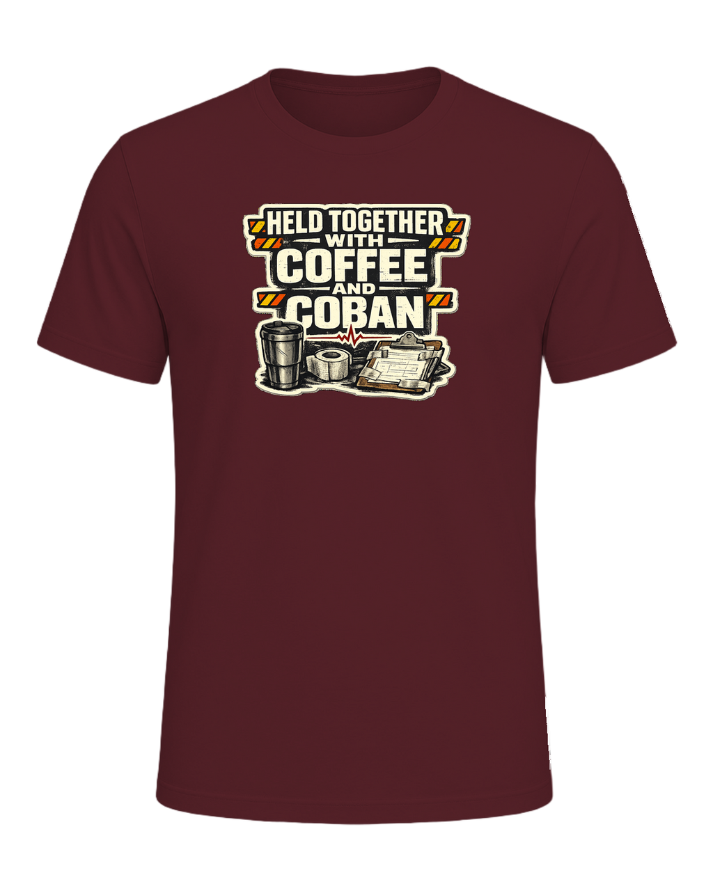 Held Together With Coffee And Coban Tee — Maroon