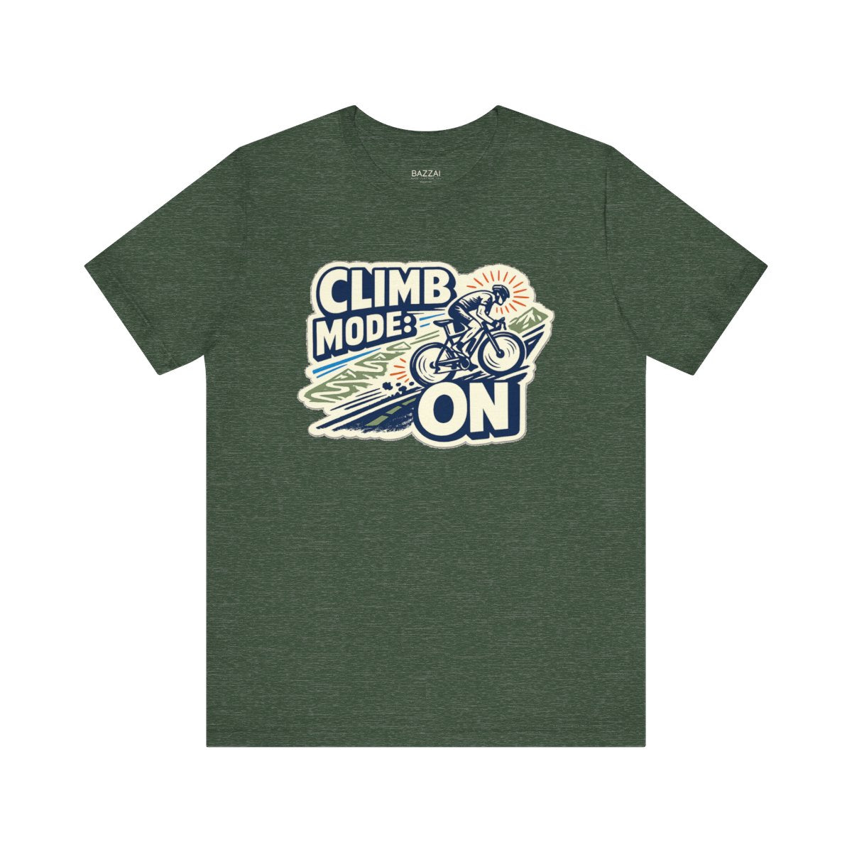 Funny Gym T-Shirt — Climb Mode: On — cyclist t-shirt design by Reggie