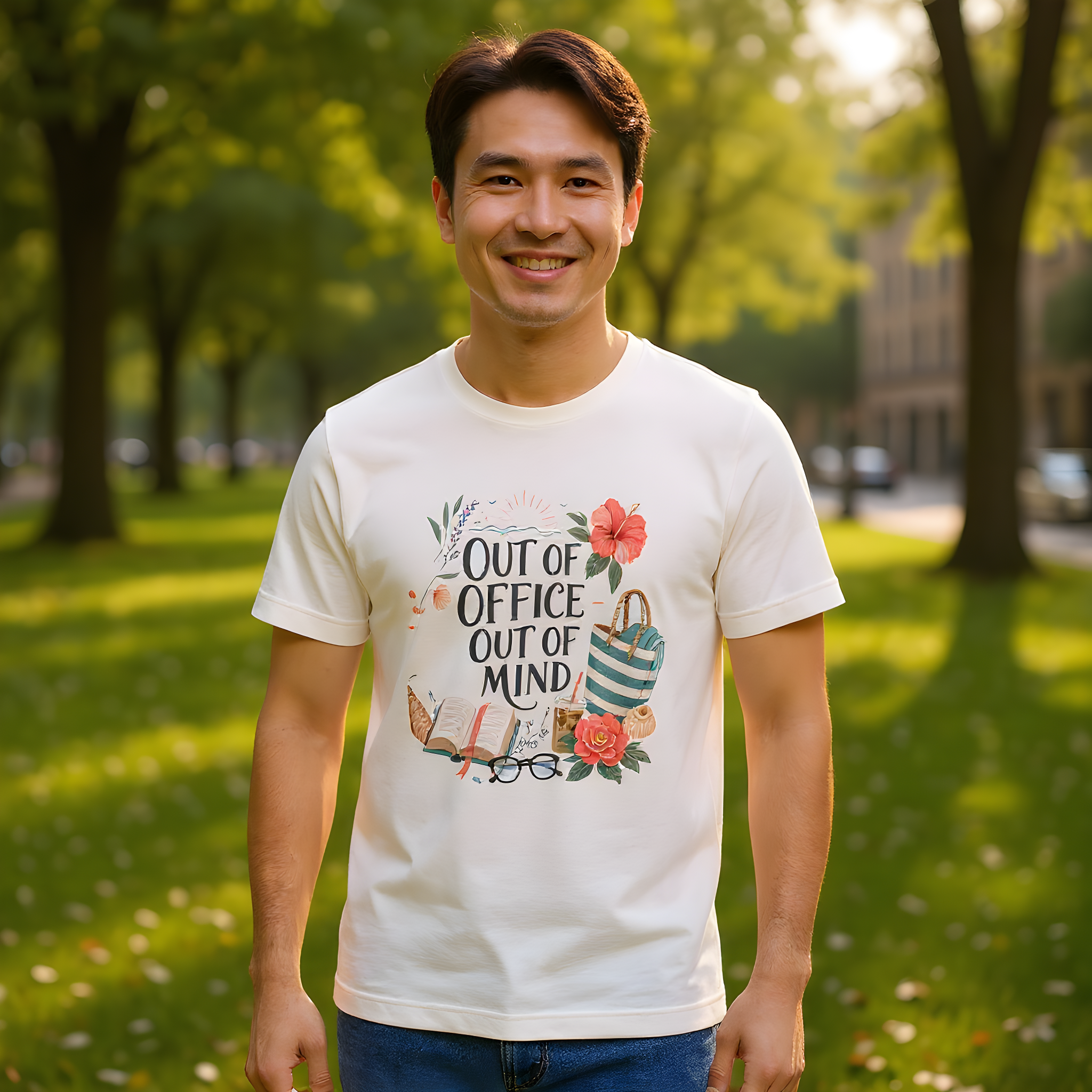 Funny Cozy T-Shirt — Out of Office, Out of Mind — relax chill t-shirt design