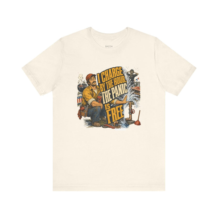 Plumbing Humor T-Shirt — I Charge by the Hour, the Panic Is Free