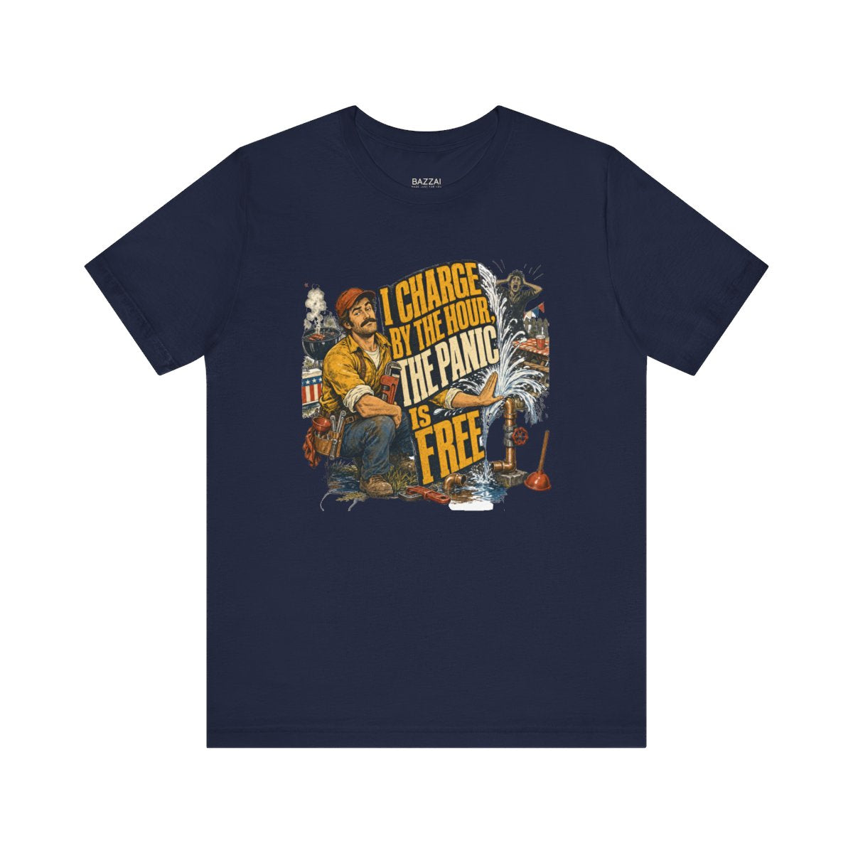Plumbing Humor T-Shirt — I Charge by the Hour, the Panic Is Free — t-shirt design