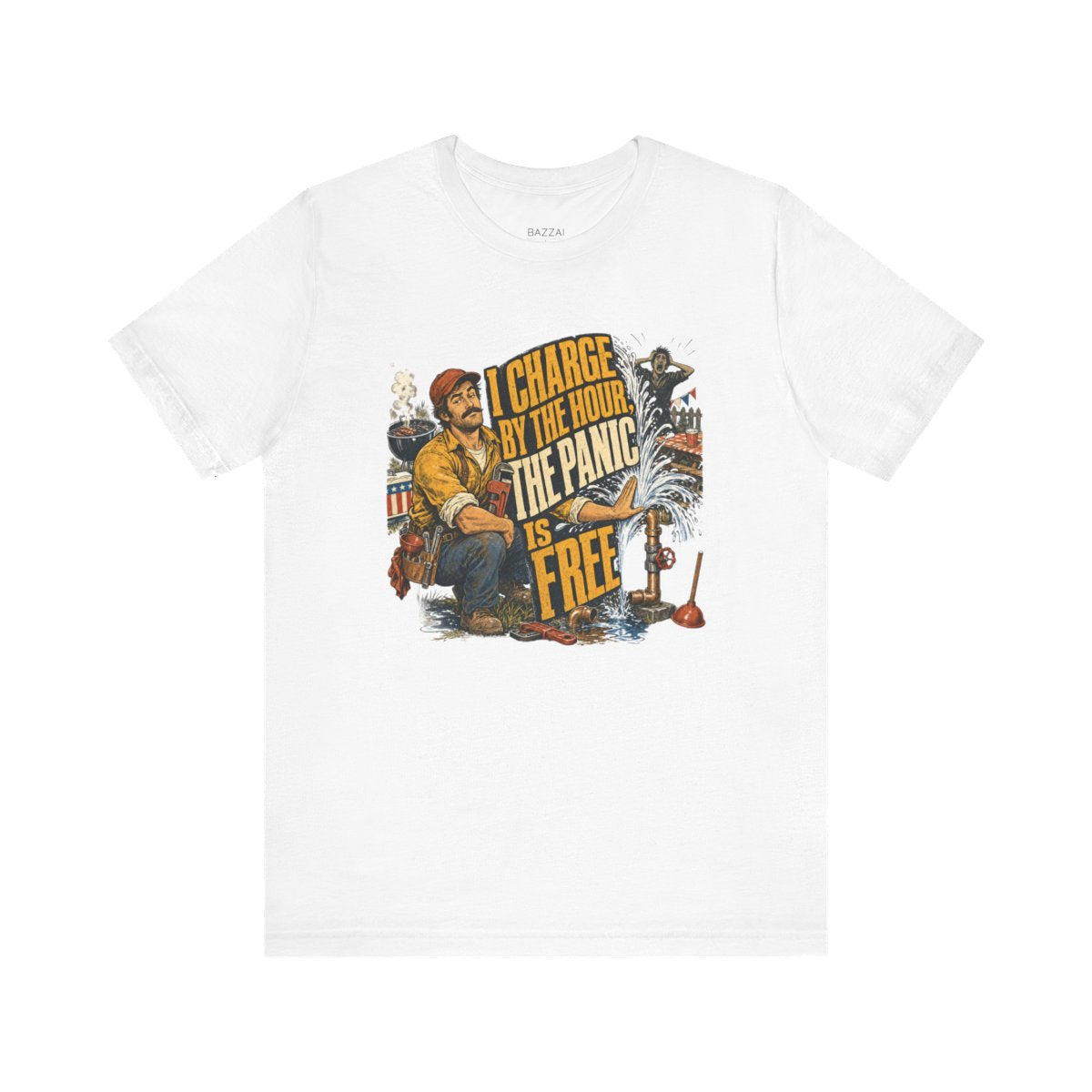 Plumbing Humor T-Shirt — I Charge by the Hour, the Panic Is Free — t-shirt design