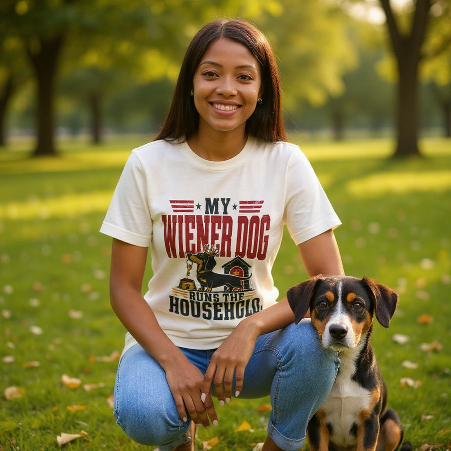 Funny Dachshund T-Shirt — My Wiener Dog Runs the Household